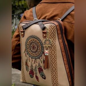 Artisan Boho Dreamcatcher Backpack in Beige and Brown Bolsa Artesanal
